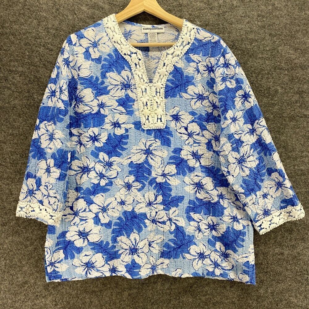 5/$45  Cathy Daniels Blouse Women XL Blue Floral V-Neck Long Sleeve Rayon